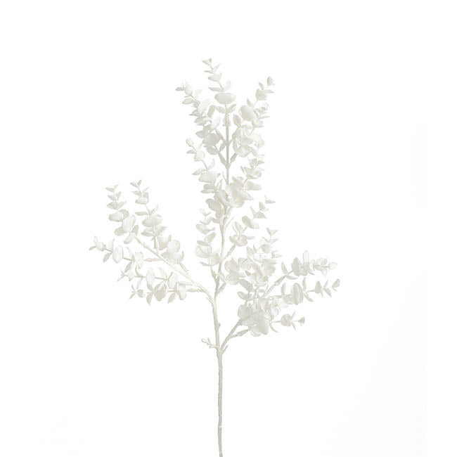 Elegant 62cm white eucalyptus baby leaf spray, perfect for home decor, weddings, and stunning floral arrangements.