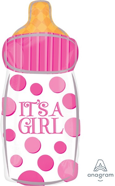 Xtra-large foil balloon shaped like a 'It's A Girl' bottle, perfect for baby showers and gender reveal parties.