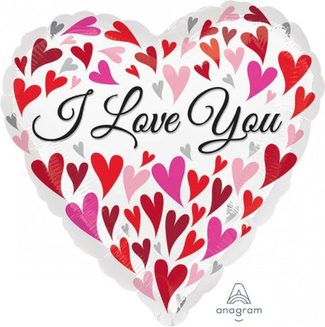 I Love You Happy Hearts Balloon, 45cm foil balloon with vibrant heart designs for romantic celebrations and gifts.