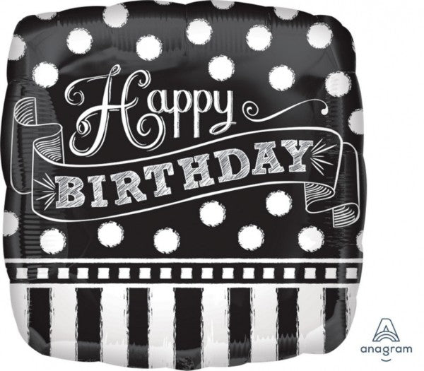 Black and white chalkboard-style foil balloon, 45cm, self-sealing for birthday celebrations.