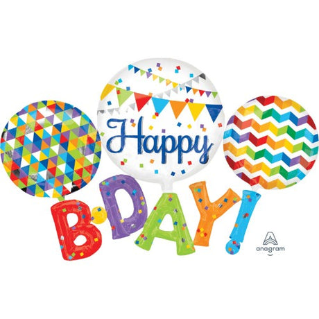Vibrant Multi Balloon Happy Birthday decoration, 142cm x 91cm, ideal for adding joy to any birthday celebration.