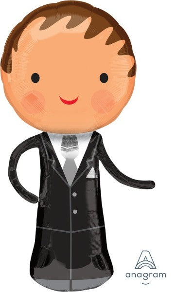 Self-sealing foil balloon shaped like a dapper groom, perfect for weddings and celebrations, measures 48cm x 101cm.