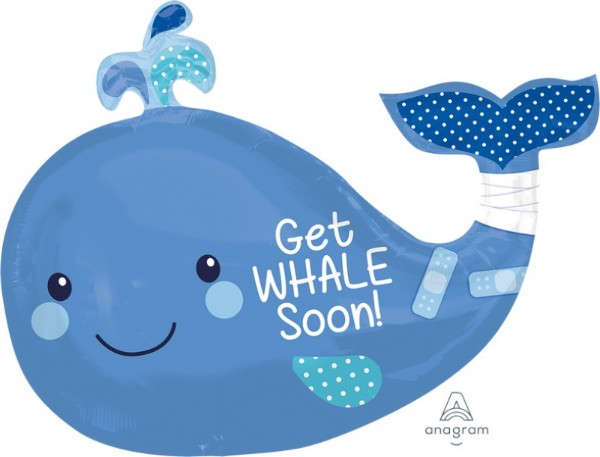 Whimsical 86cm whale-shaped foil balloon with 'Get Whale Soon' message, perfect for get-well occasions.