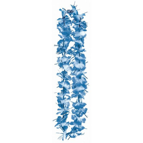 Vibrant blue tinsel lei, 40 inches long, perfect for parties, luaus, and festive occasions, lightweight and eye-catching.