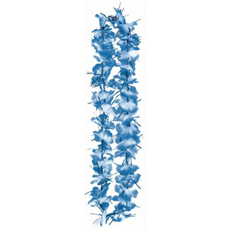 Vibrant blue tinsel lei, 40 inches long, perfect for parties, luaus, and festive occasions, lightweight and eye-catching.