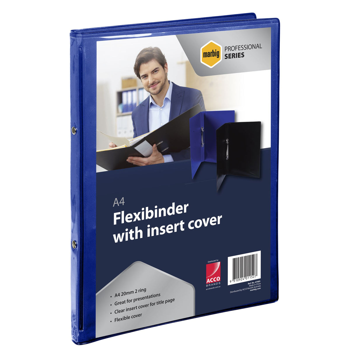 Esselte Flexibinder 2r A4 in blue with clear front pocket, holds 120 sheets, ideal for organizing documents stylishly.