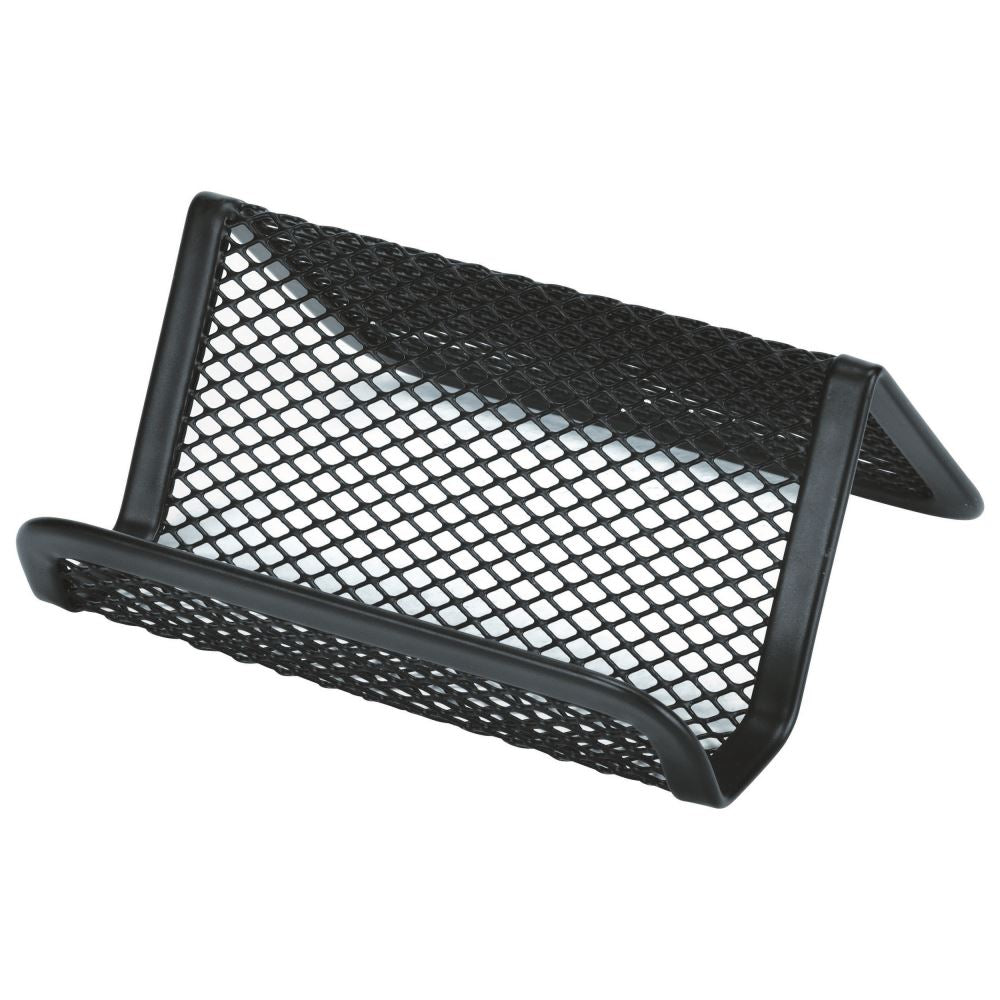 Esselte Mesh Business Card Holder in black, made of durable steel mesh, stylishly organizes multiple business cards.