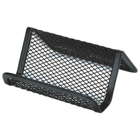 Esselte Mesh Business Card Holder in black, made of durable steel mesh, stylishly organizes multiple business cards.