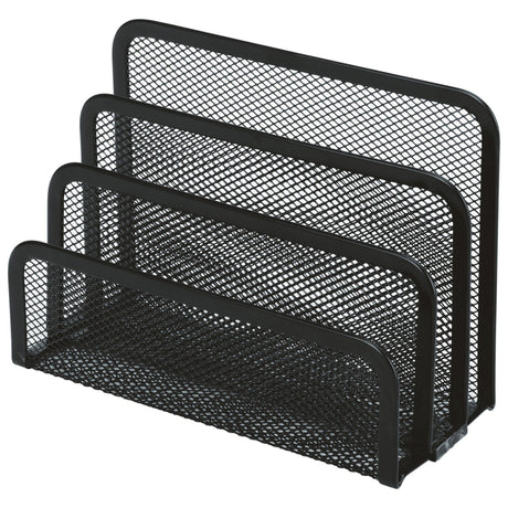 Esselte Mesh Vertical Organiser in black, durable steel mesh design for stylish desk organization and space optimization.