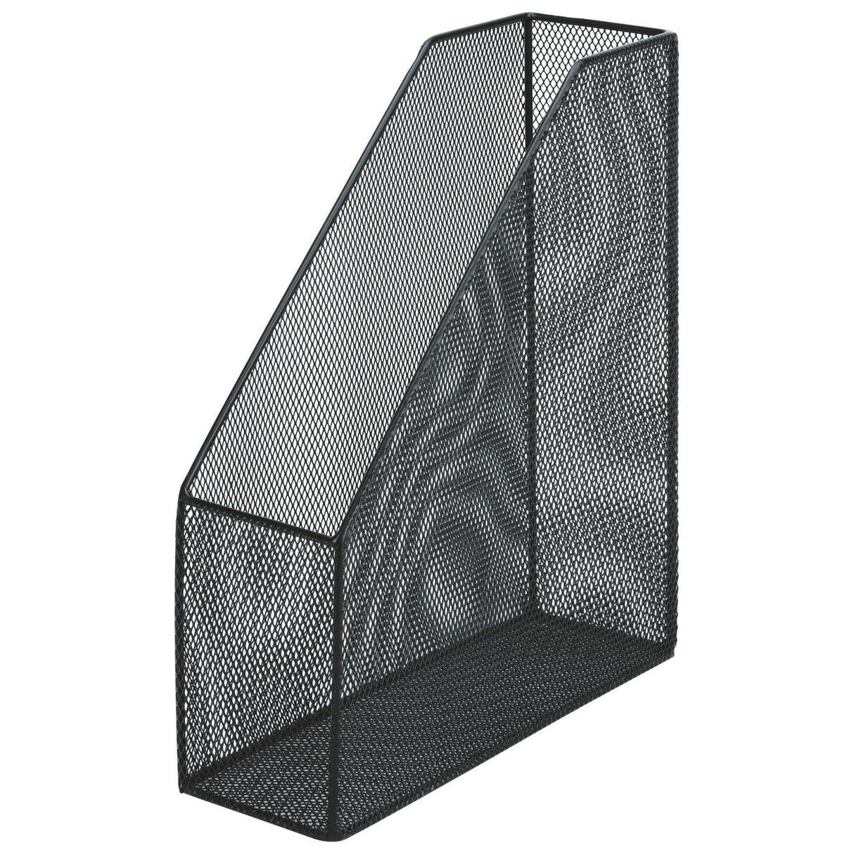 Esselte Mesh Magazine File in black, a sturdy steel organizer for magazines and documents with a sleek, modern design.