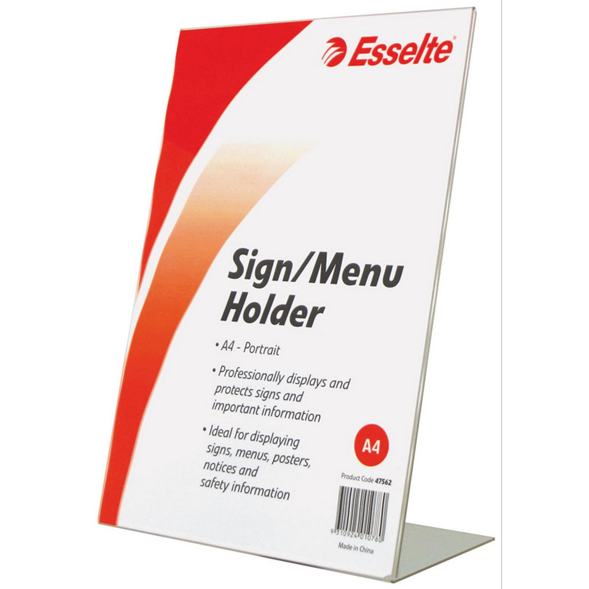 Clear acrylic A4 slanted sign/menu holder, double-sided for elegant display of menus and brochures.