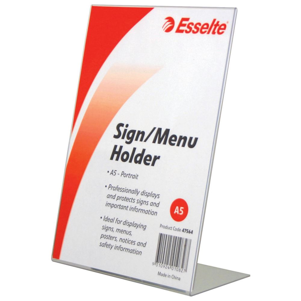 Clear A5 slanted sign/menu holder, double-sided for easy display of menus, brochures, and photos in professional settings.