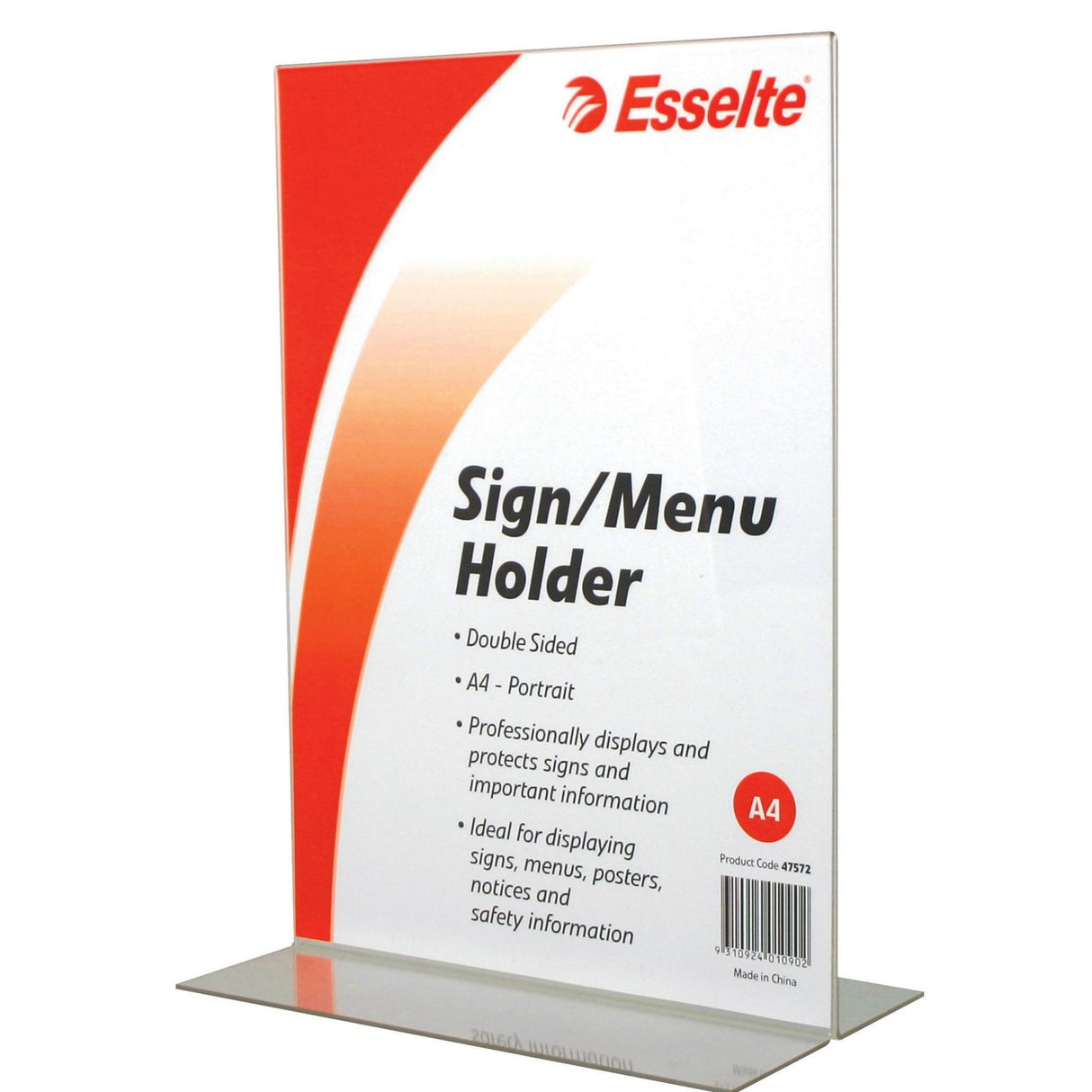 Clear double-sided A4 sign holder for displaying menus and information in portrait orientation.