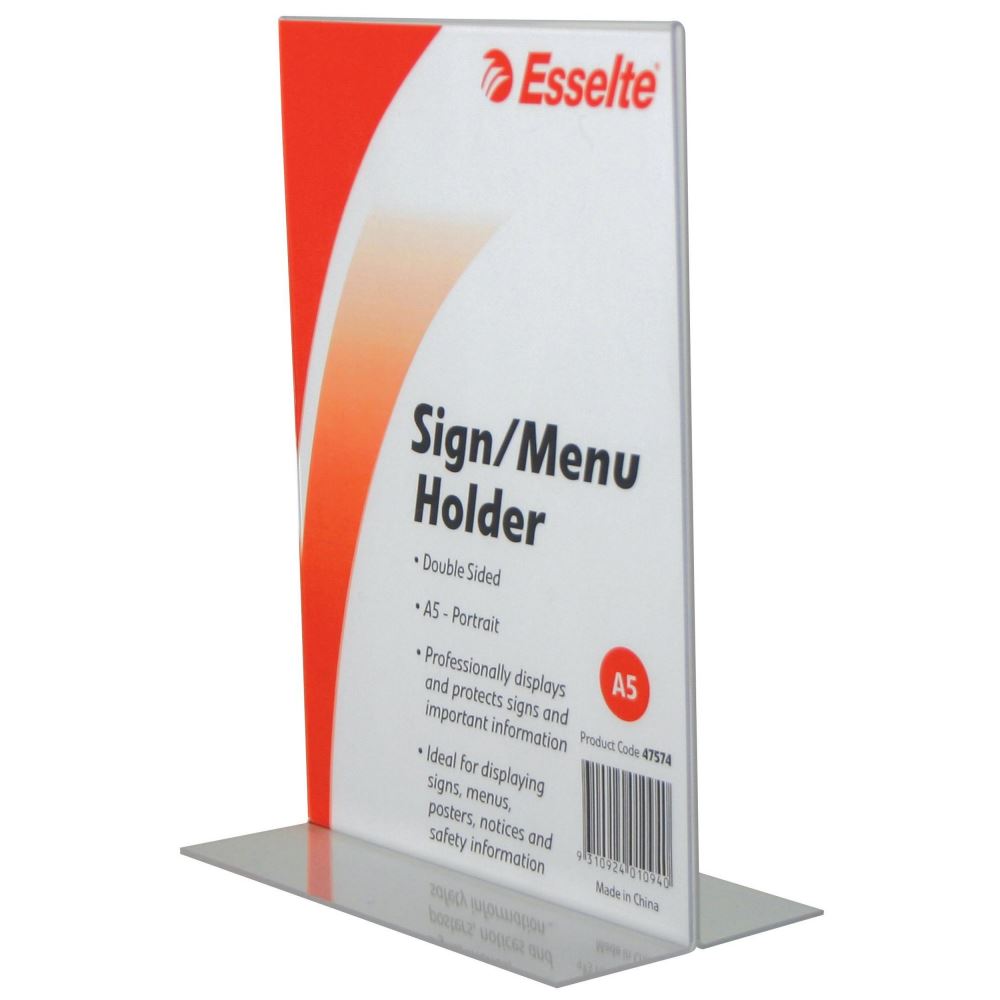 Double-sided A5 clear menu holder for displaying signs, menus, or brochures in restaurants and cafes.