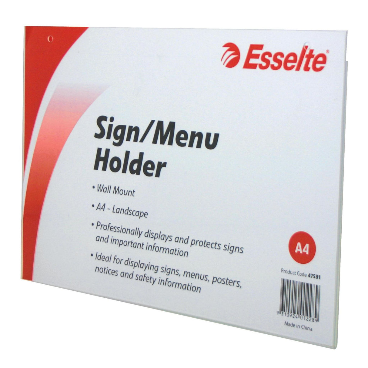 Clear wall-mounted A4 sign holder by Esselte, double-sided for displaying menus and information in landscape orientation.