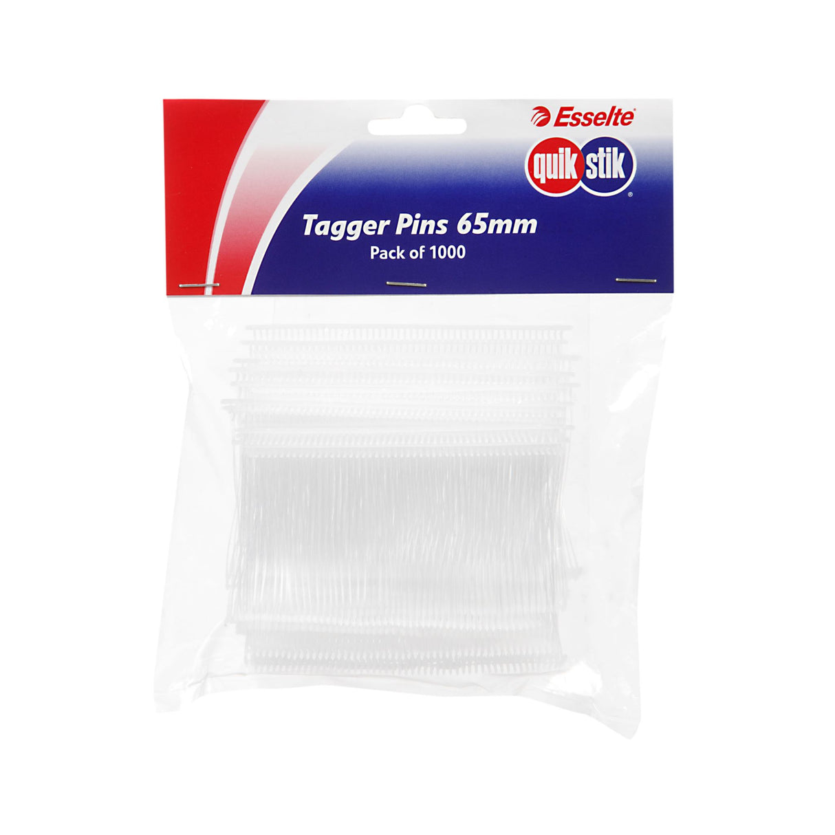 Pack of 1000 Quikstik Fine 65mm Tagging Pins for easy and efficient labeling of soft fabric products.
