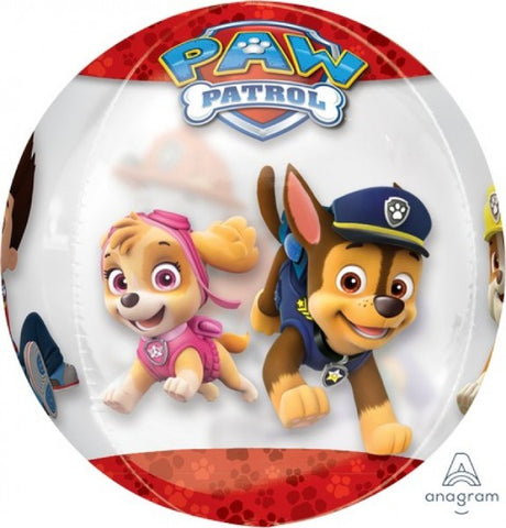 Clear Orbz foil balloon featuring Paw Patrol characters Chase and Marshall, perfect for themed parties and celebrations.