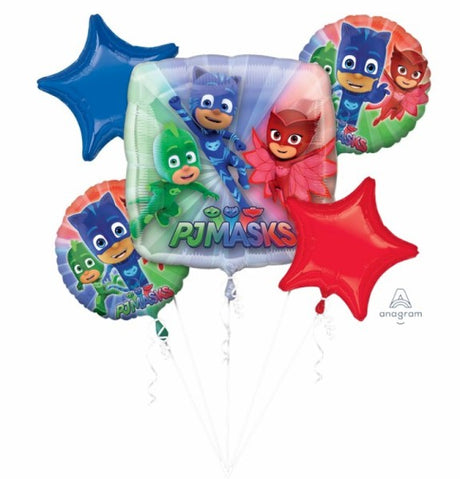 Pack of 5 self-sealing PJ Masks foil balloons, featuring vibrant designs and standard 45cm size.