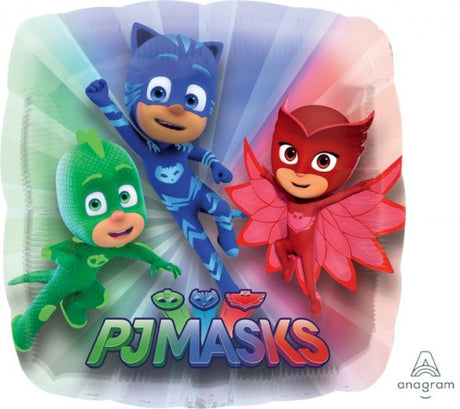 Self-sealing jumbo foil balloon featuring vibrant PJ Masks characters, perfect for kids' parties and celebrations.