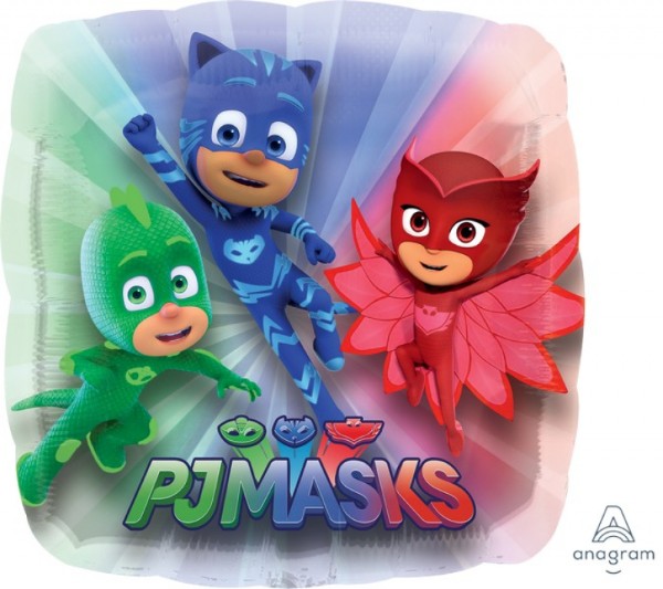 Self-sealing jumbo foil balloon featuring vibrant PJ Masks characters, perfect for kids' parties and celebrations.