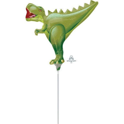 Mini T-Rex foil balloon, perfect for dinosaur parties, adds a whimsical touch to celebrations with its vibrant design.