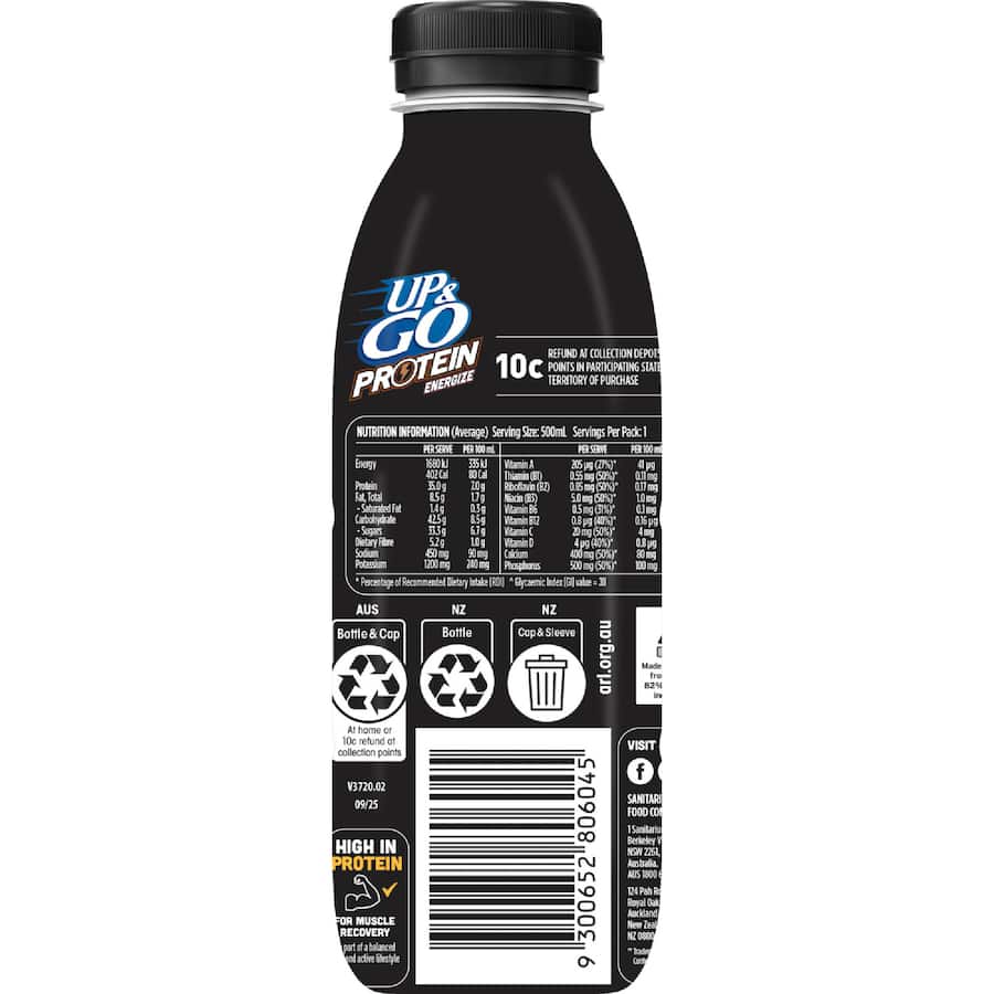 Sanitarium Up & Go Flavoured Milk Protein Energize Choc Hit Bottle 500mL