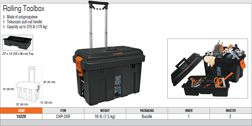 Plastic Toolbox "Truper" Rolling 25" 170kg Cap