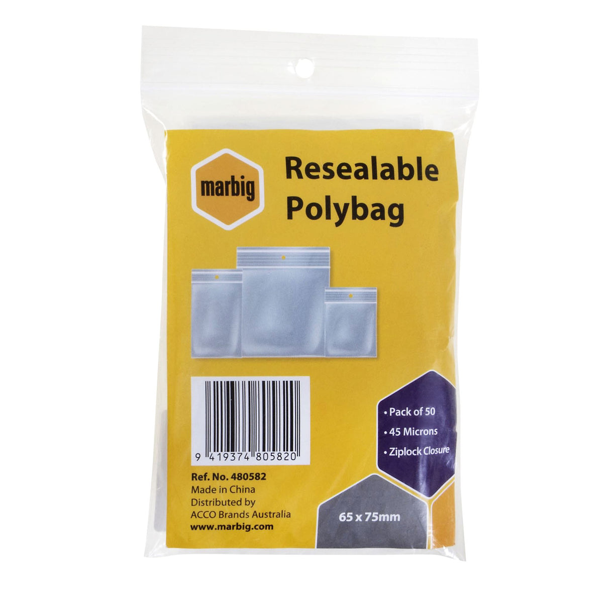 Clear Esselte Zip Lock Bags 65x75mm, 50 pack, ideal for organizing and protecting small items with re-sealable closure.