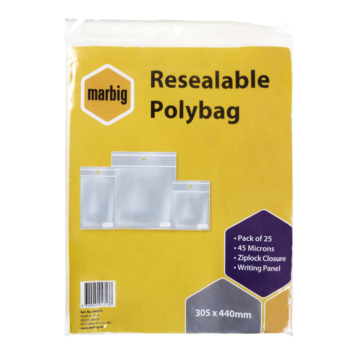 MARBIG® resealable polybags, 305mm x 440mm, pack of 25, featuring writing panel for easy labeling and durable self-sealing design.