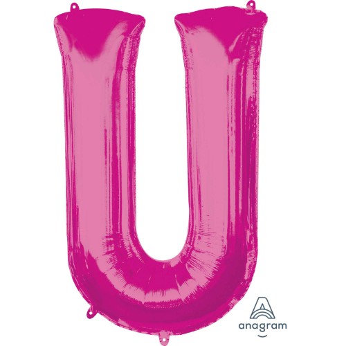 Vibrant pink Supershape Letter U balloon, 86cm, perfect for personalized party decorations and celebrations.