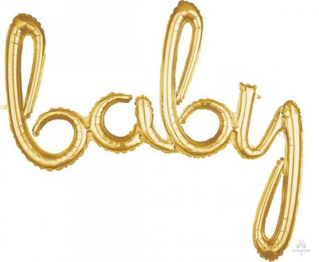 Gold foil balloon phrase for baby celebrations, perfect for showers and welcomes, elegant and memorable decoration.