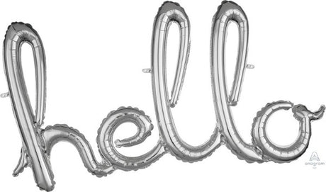Silver 'Hello' foil balloon, perfect for celebrations like weddings and birthdays, adding elegance to any decor.