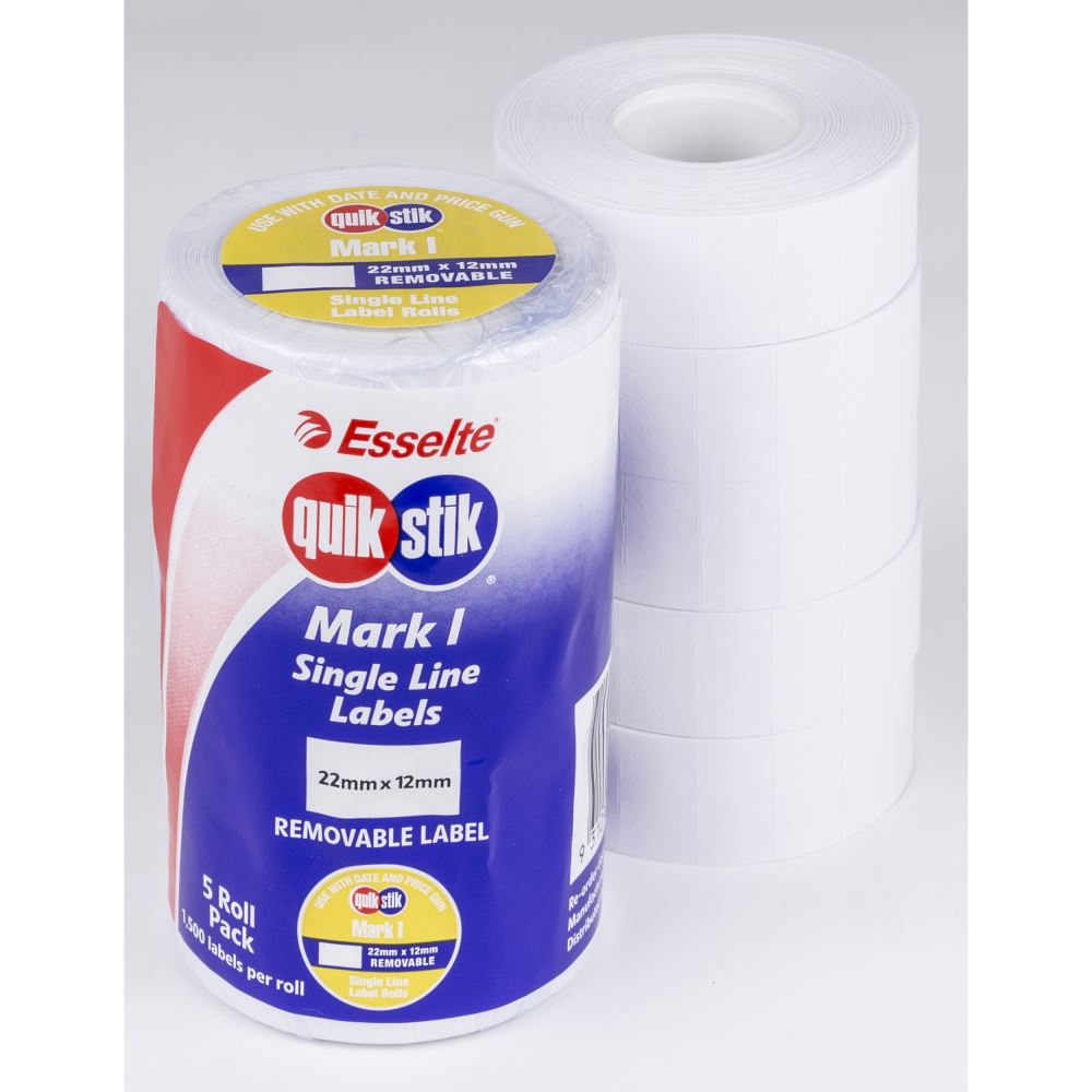 Quikstik Mark I white removable labels for pricing, 22x12mm, 1500 per roll, pack of 5, easy to read and adjust.