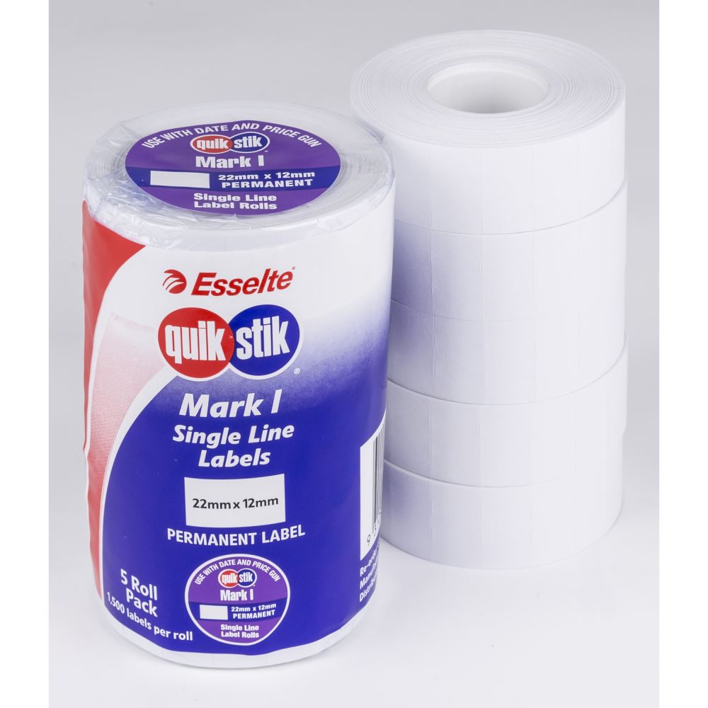 White permanent pricing labels for QuikStik Mark I, 5 rolls of 1500 labels, ideal for tagging and organization.