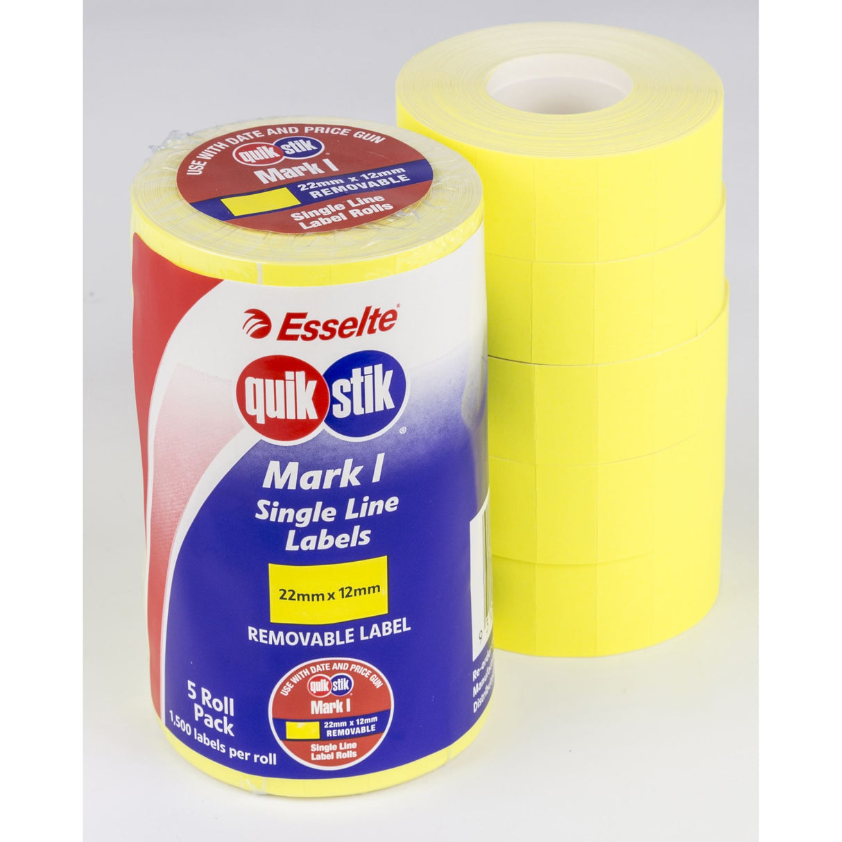 Fluoro yellow labels for Quikstik Mark I gun, 1500 removable labels per roll, perfect for pricing and organization.