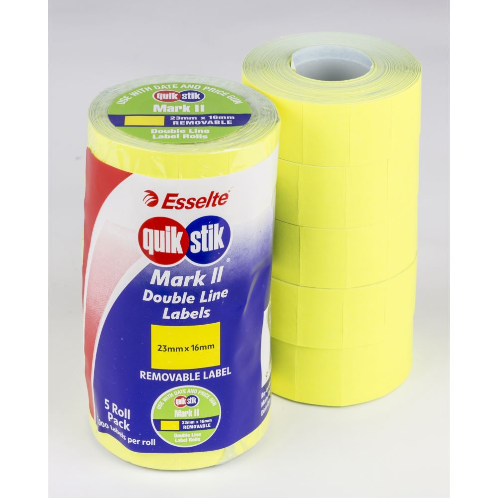Quikstik Fluoro Yellow pricing labels for Mark II gun, featuring 1000 removable labels per roll, 23 x 16mm size.