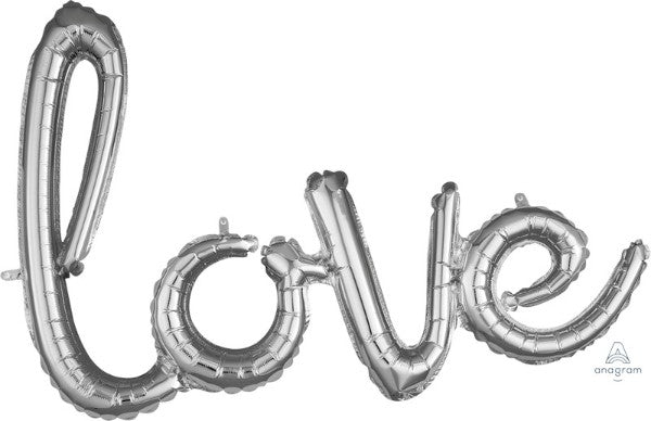Silver foil balloon spelling 'Love', perfect for weddings and romantic celebrations, enhances decor with elegance.