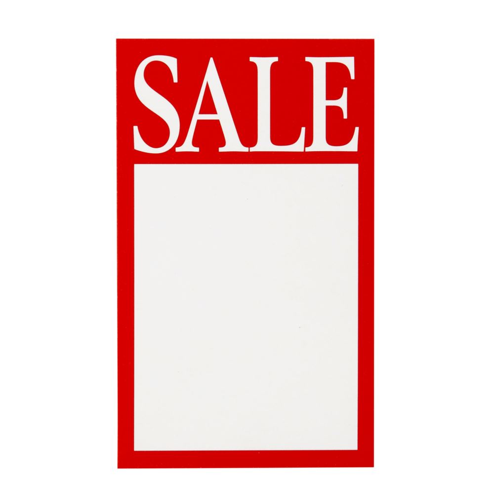 Pack of 10 Quikstik display tickets labeled 'Sale', ideal for clear retail product promotions, measuring 75 x 125 mm.