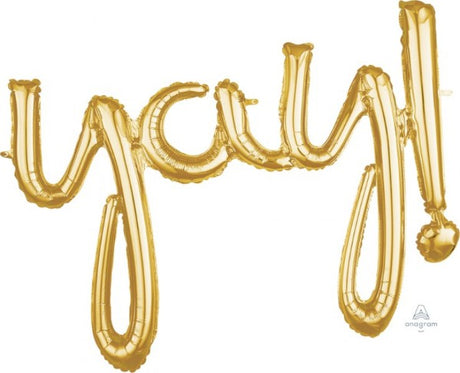 Gold foil balloon saying 'Yay!' perfect for celebrations and party decorations, adds a touch of glamour.