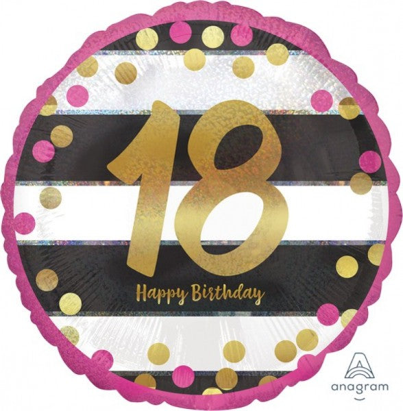 Luxurious pink and gold holographic foil balloon, 45cm, perfect for birthdays and celebrations.