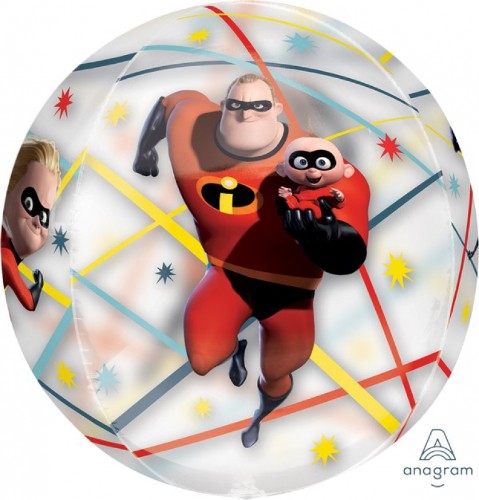 Vibrant 38cm x 40cm self-sealing clear balloons featuring Incredibles 2 designs, perfect for superhero-themed parties.