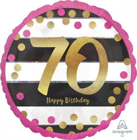 Pink and gold holographic foil balloon celebrating milestone 70, self-sealing and 45cm for festive decorations.