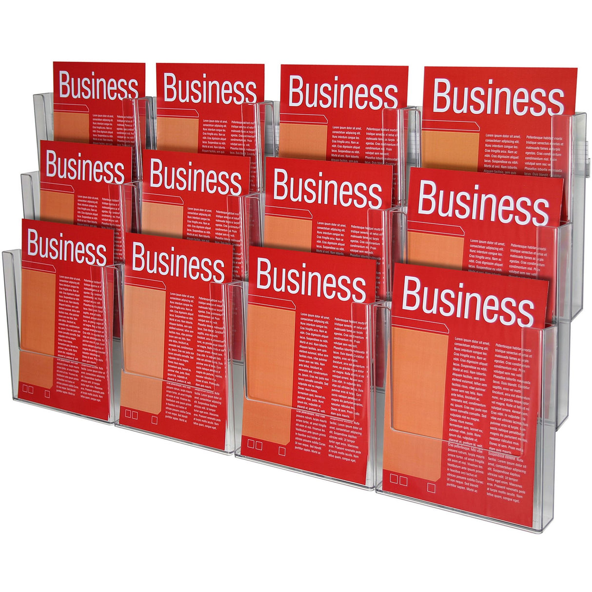 Esselte A4 brochure holder wall system with 3 tiers for displaying up to 12 documents in portrait orientation.