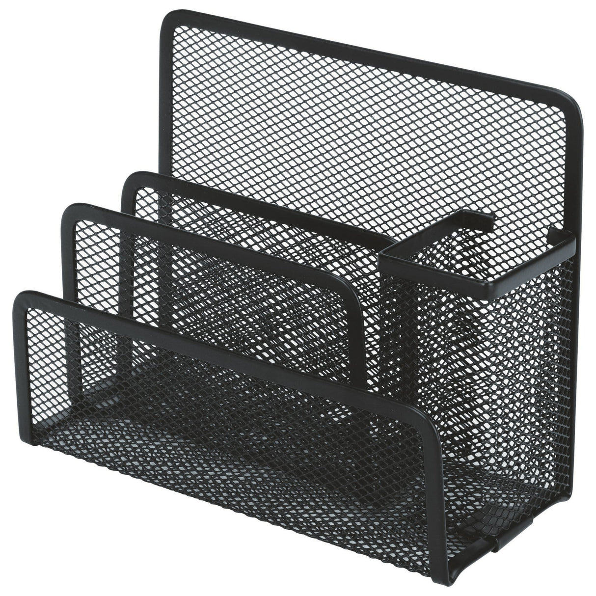 Esselte Mesh Desk Organiser in black, crafted from durable steel mesh for stylish workspace organization.