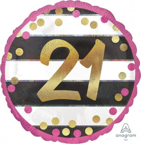 Pink and gold self-sealing foil balloon celebrating milestone 21, measuring 45cm, perfect for festive gatherings.