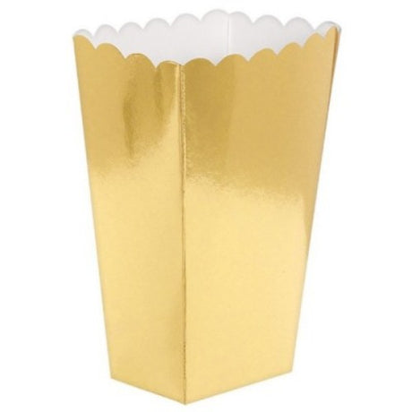 Elegant gold popcorn favor boxes in a pack of 5, perfect for events and celebrations, measuring 5 1/4" x 3 3/4".