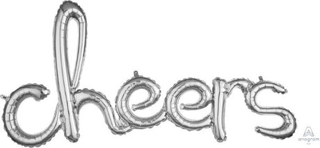 Elegant silver foil balloon spelling 'Cheers', perfect for celebrations and versatile for any party theme.