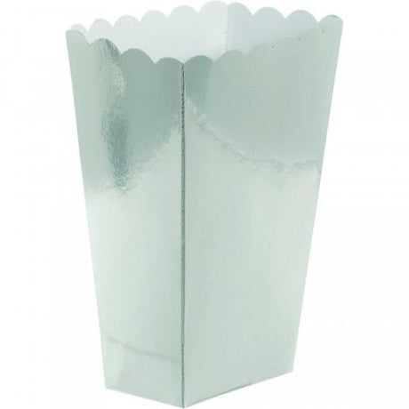 Small silver popcorn favor treat boxes, 5-pack, elegant for parties and celebrations, measuring 5 1/4" x 3 3/4".