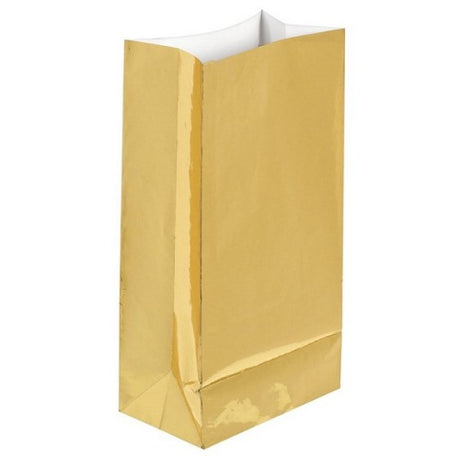 Set of 12 large gold foil paper bags, 10" x 5", perfect for gifts and special occasions, stylish and durable.