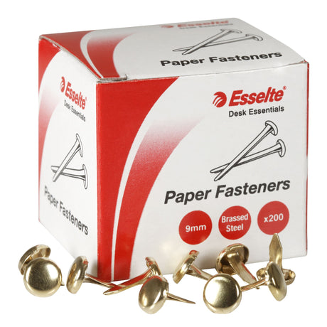 Esselte 9mm brass-plated steel paper fasteners in a box of 200, ideal for securing documents and organizing paperwork.